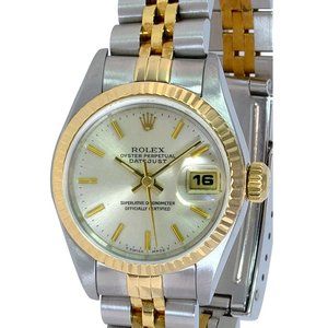 ROLEX DATEJUST SILVER ROMAN DIAL 18KY FLUTED JUBILEE TWO-TONE 26 MM WATCH 69173